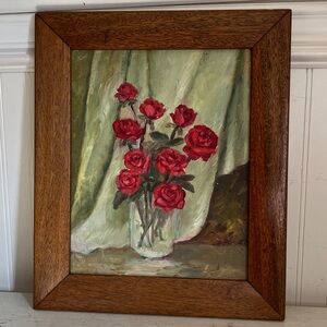 Vintage Framed Roses Oil Painting